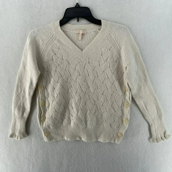 Rebecca Taylor Sweater Women's XS Ivory Ribbed Knit V Neck Wool Blend Pullover - Picture 1 of 10